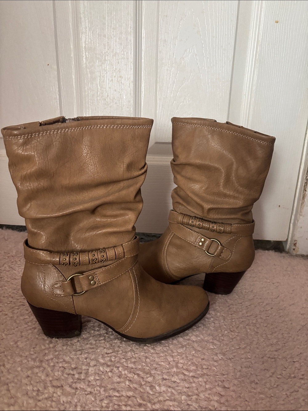 BareTraps Slouchy Mid-Calf Heeled Boots in Tan